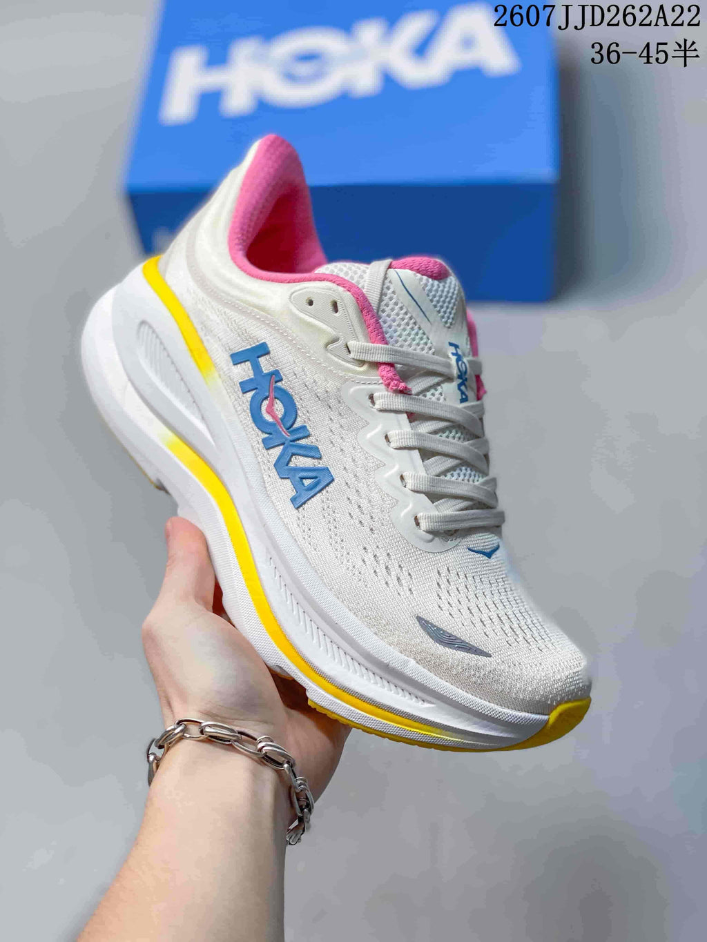 HOKA Bondi 9 White Pink Yellow Running Sneakers