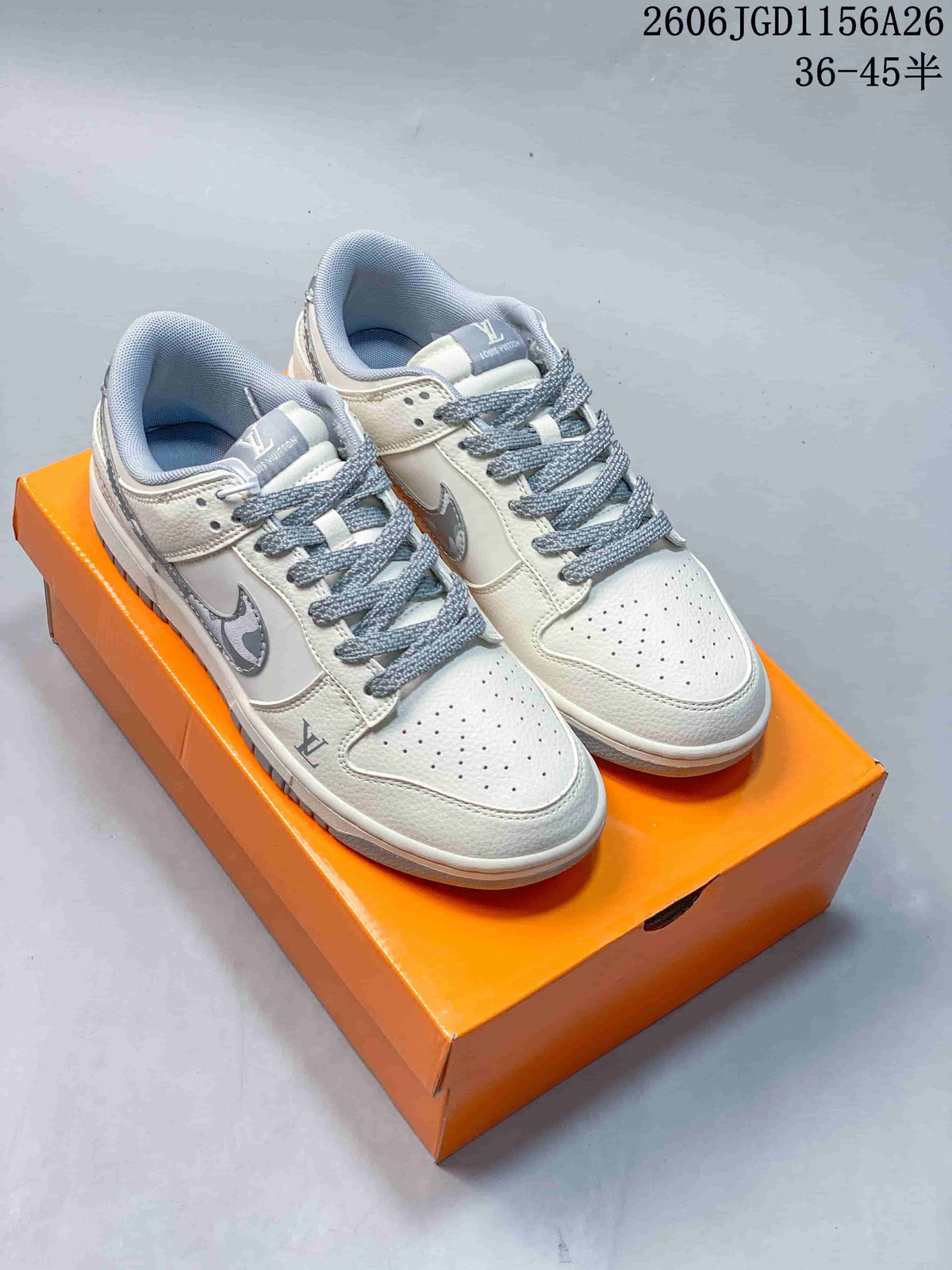 Nike Dunk Low Sneakers in White and Blue Monogram Style