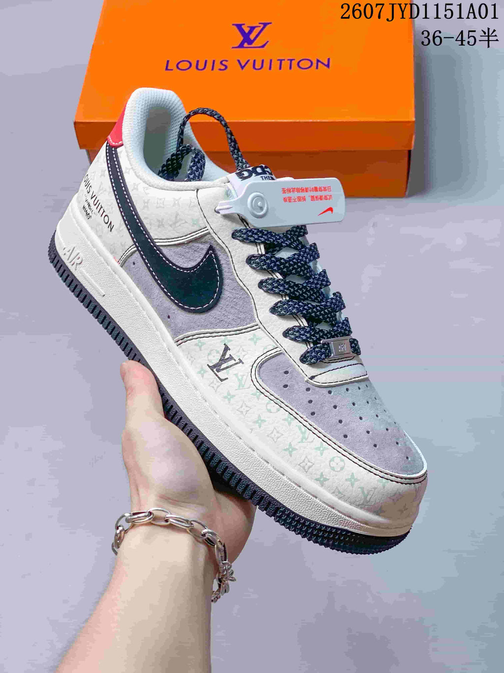 Nike Air Force 1 ’07 Low Monogram Sneakers, White and Navy