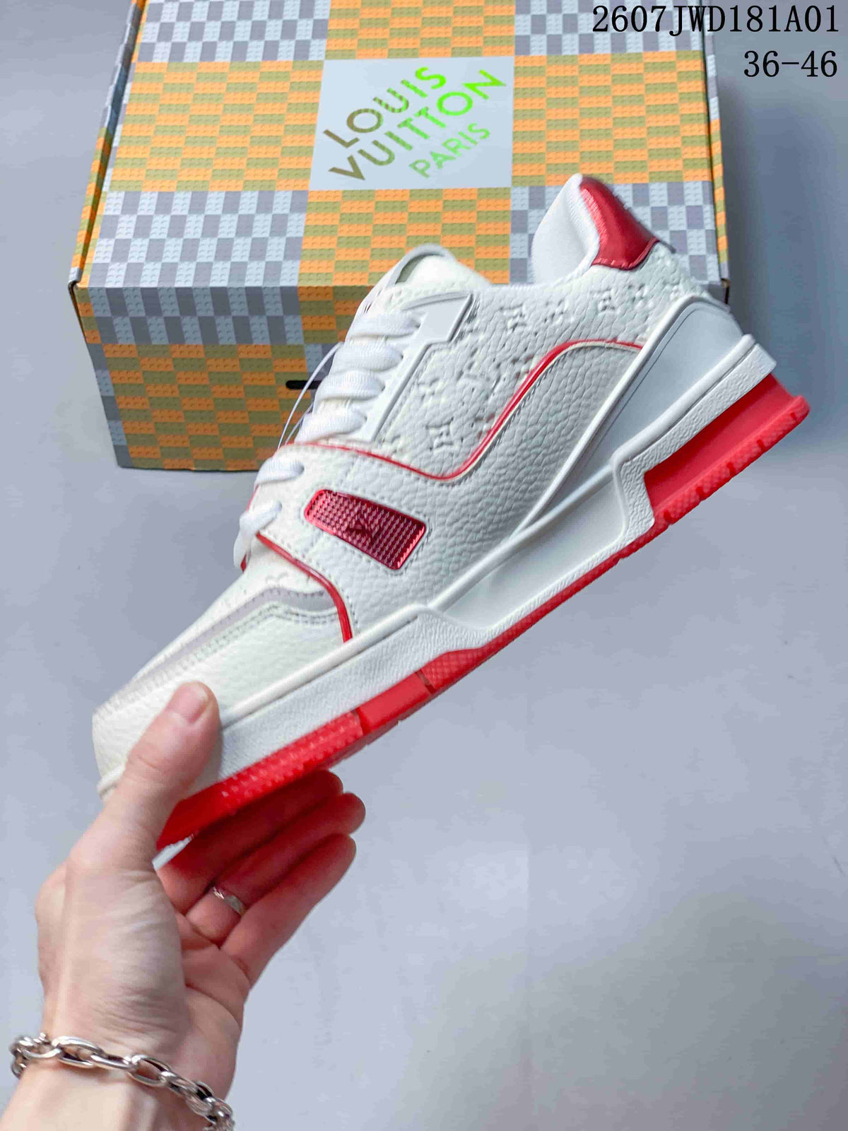 Louis Vuitton Trainer Low-Top Sneakers, White and Red