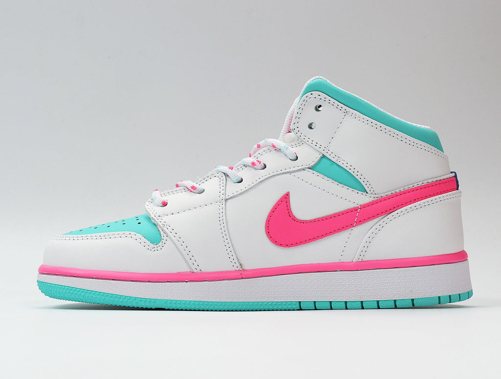 Jordan 1 Mid Sneakers White Pink Turquoise 555112-102