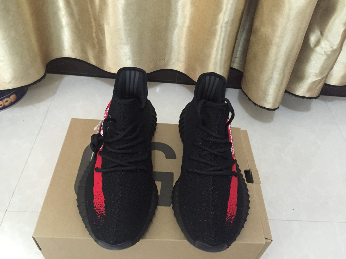 Yeezy 350 V2 Black and Red Knit Sneakers