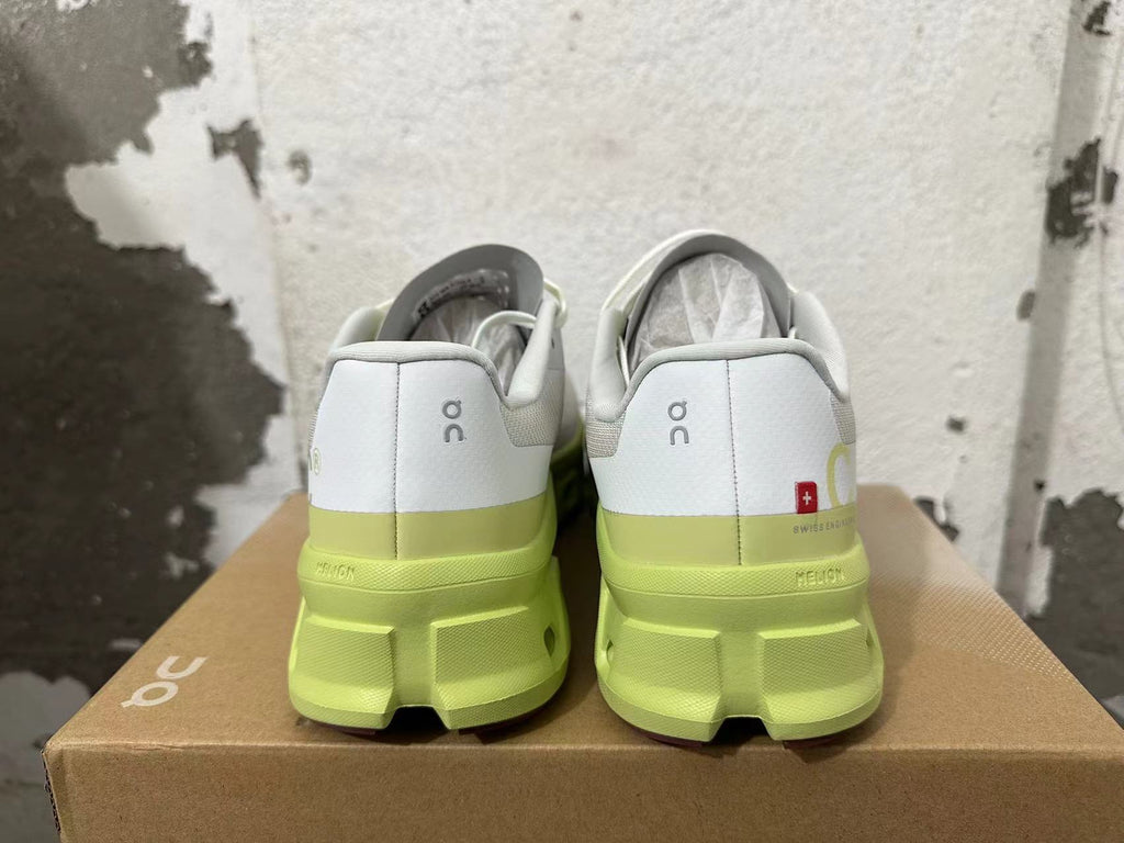 On Cloudmonster Running Shoes in Gray and Lime Green