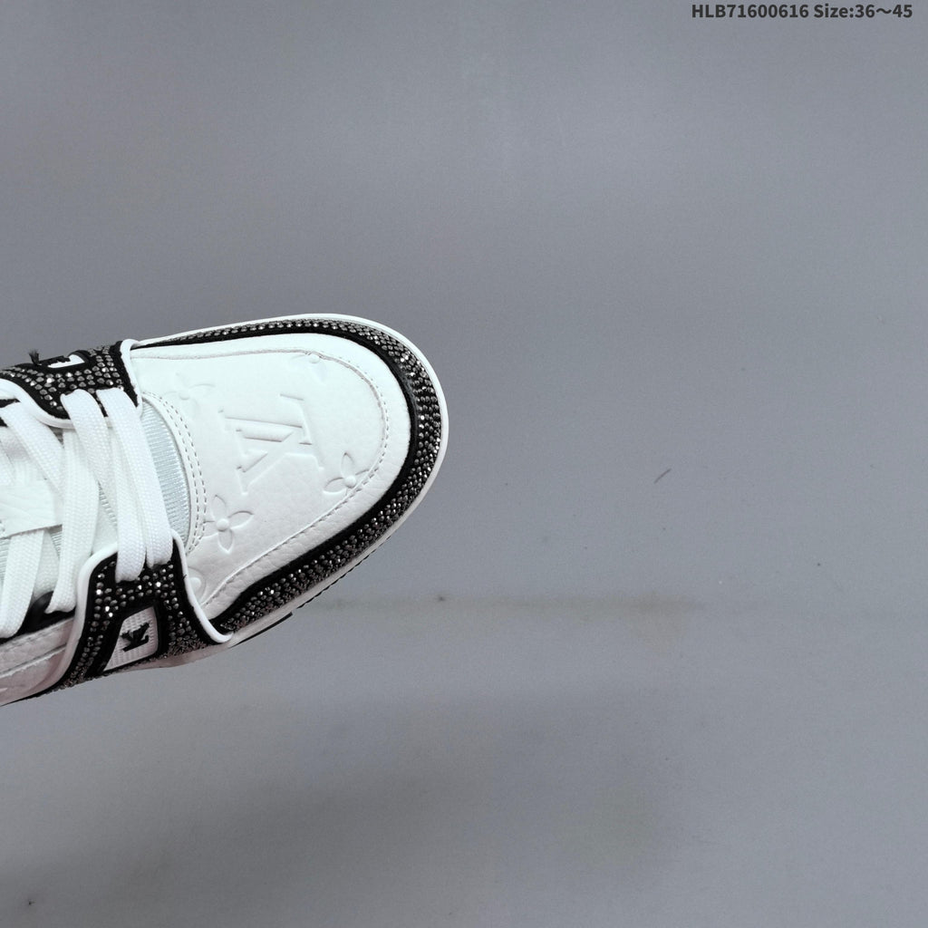 Louis Vuitton Trainer Sneakers in White and Black with Embellished Trim