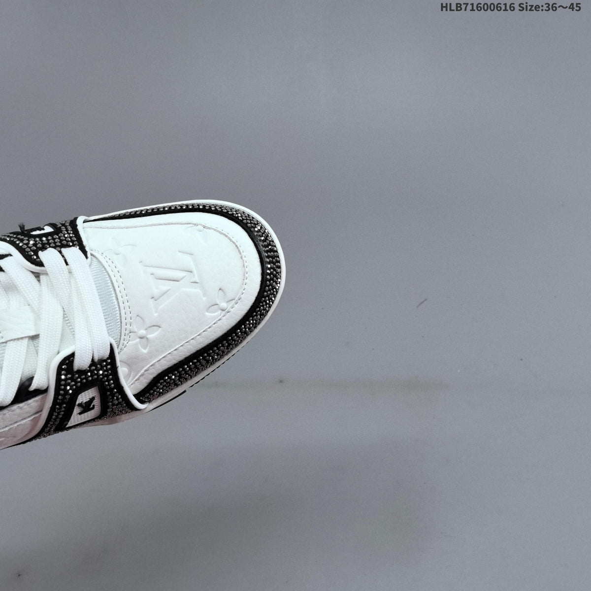 Louis Vuitton Trainer Sneakers in White and Black with Embellished Trim