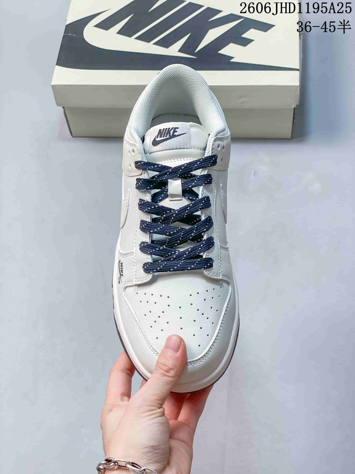 Nike Dunk Low White Sneakers with Navy Laces