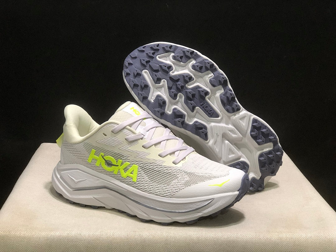 HOKA Challenger 8 Trail Running Shoes, White and Lime