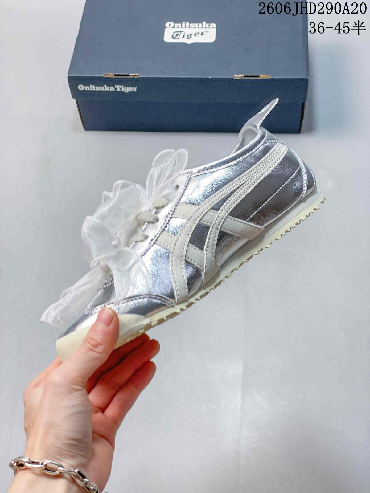 Onitsuka Tiger Silver Sneakers with Sheer Bow Laces