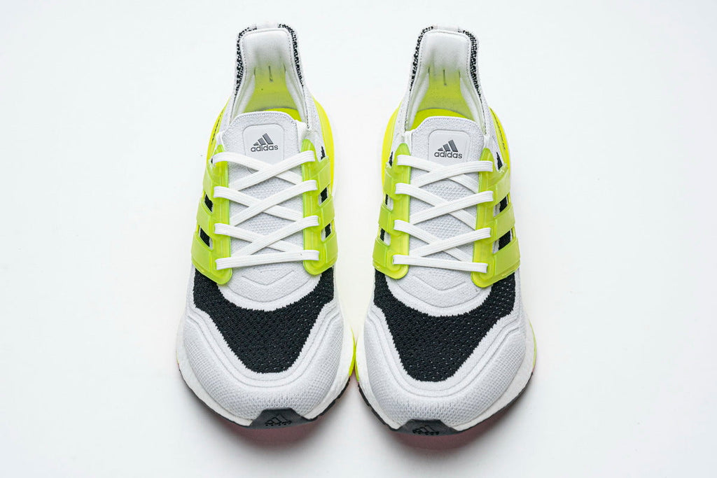 adidas UltraBoost 21 Running Shoes, White and Volt FY1214