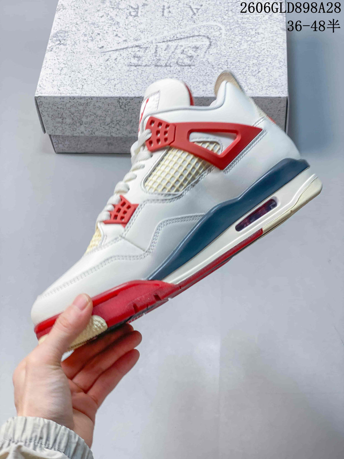 Jordan 4 Retro Mid Sneakers in White, Red and Grey