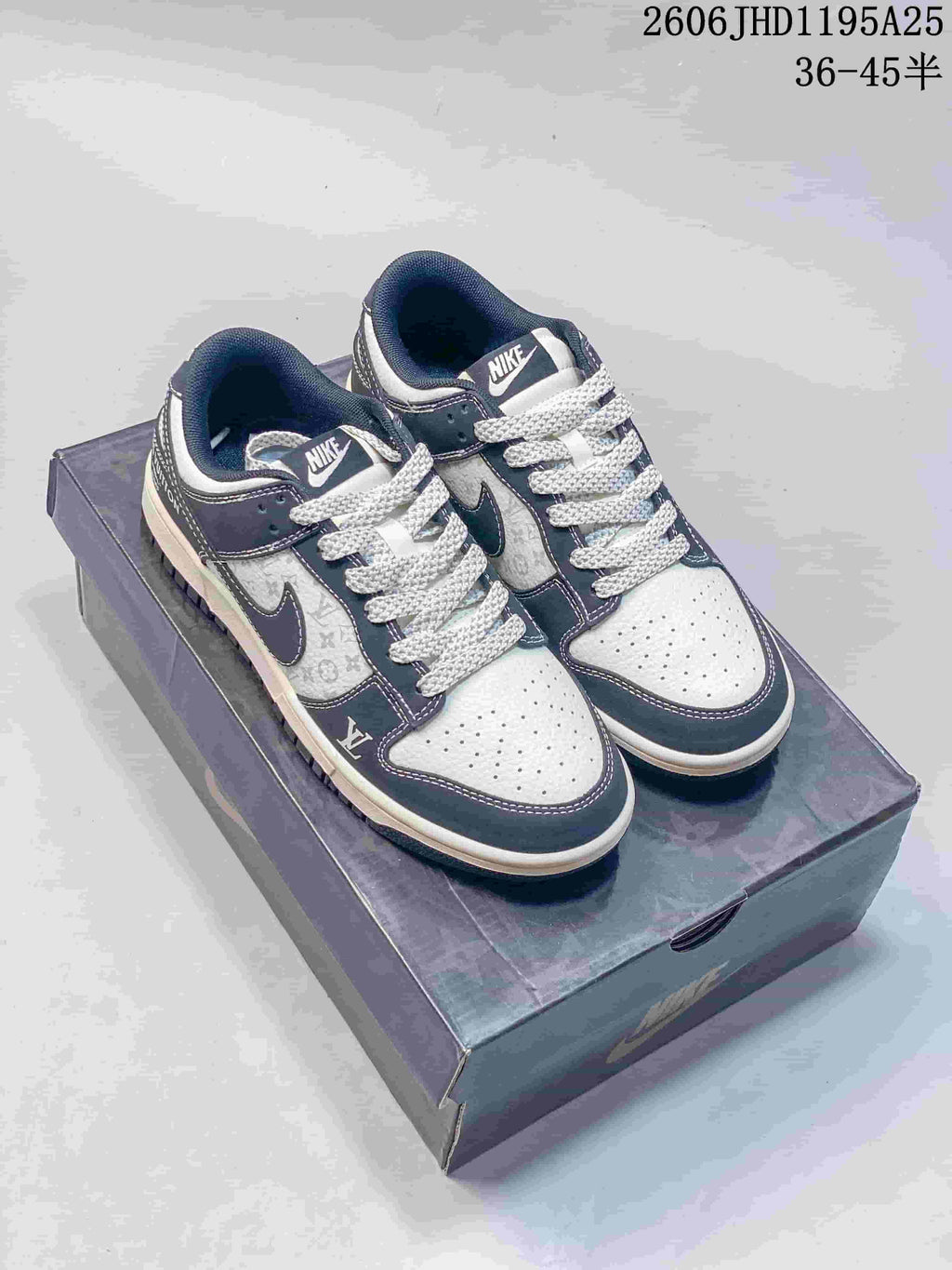 Nike Dunk Low Louis Vuitton Print-Panel Sneakers, Navy and White