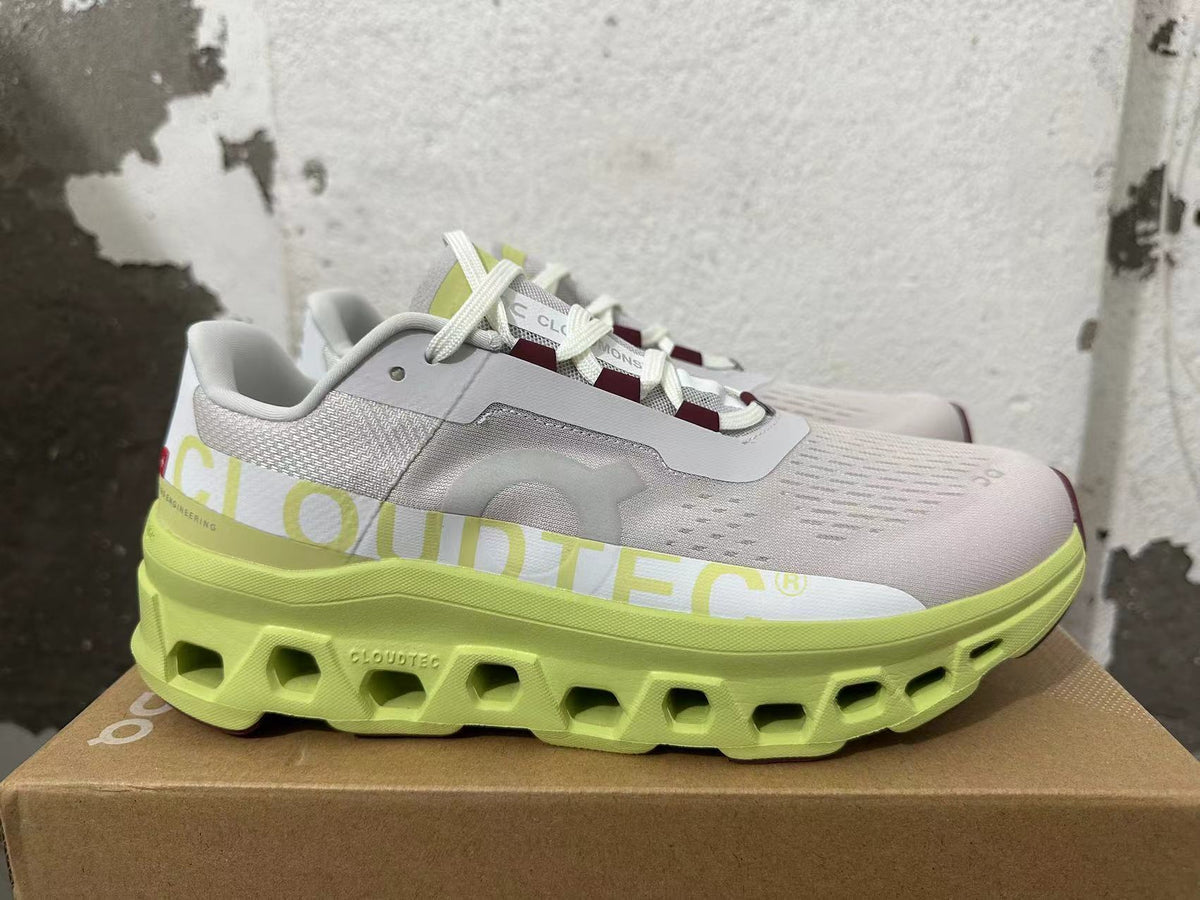 On Cloudmonster Running Shoes in Gray and Lime Green