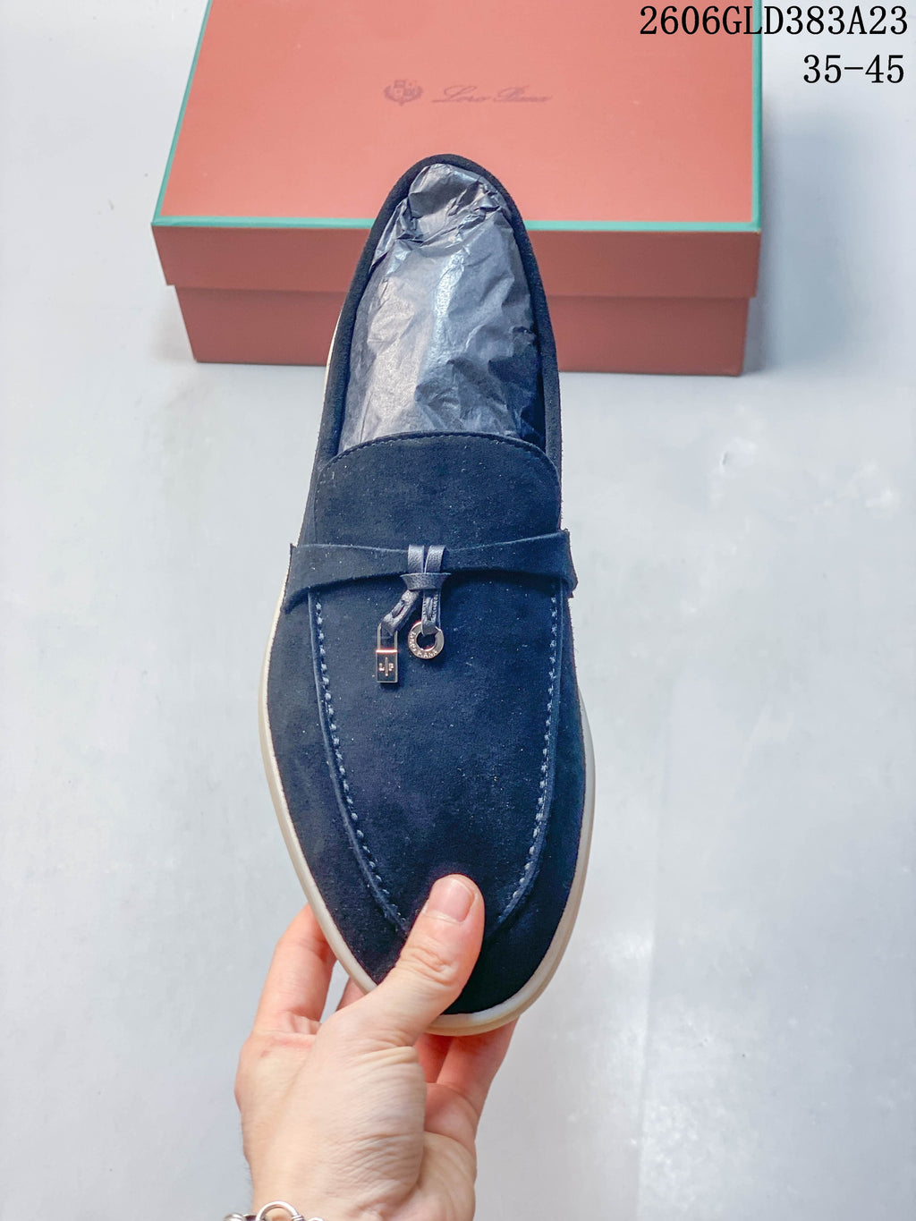 Loro Piana Navy Suede-Style Loafers with Metal Detail