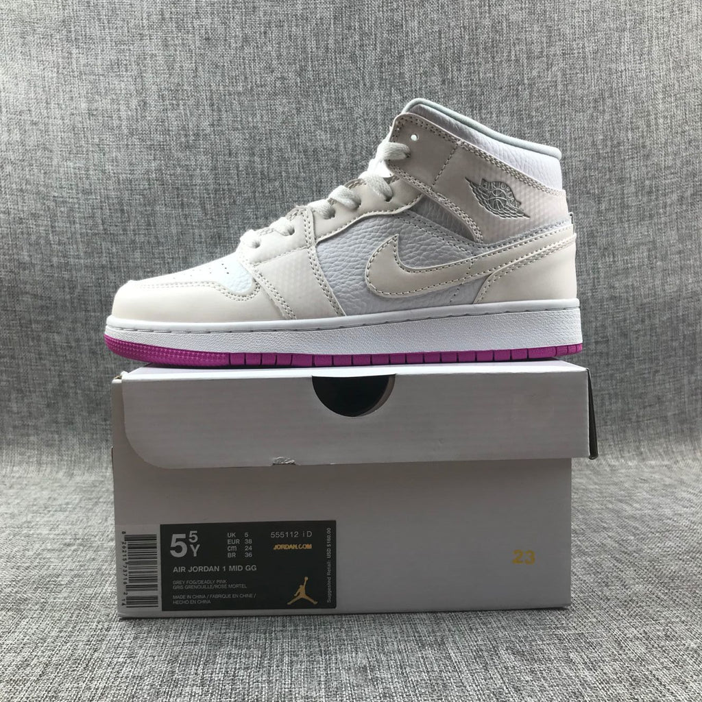 Jordan 1 Mid Grey White Fuchsia High-Top Sneakers