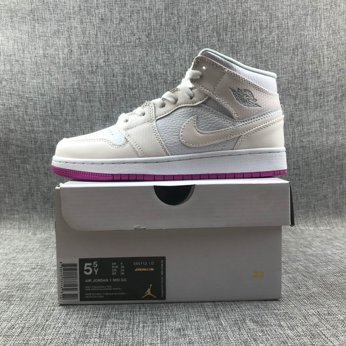 Jordan 1 Mid Grey White Fuchsia High-Top Sneakers