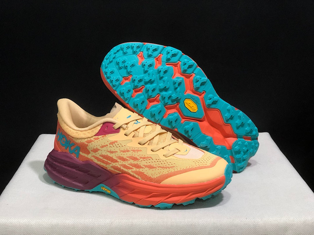 HOKA Speedgoat 5 Trail Running Shoes in Yellow and Coral