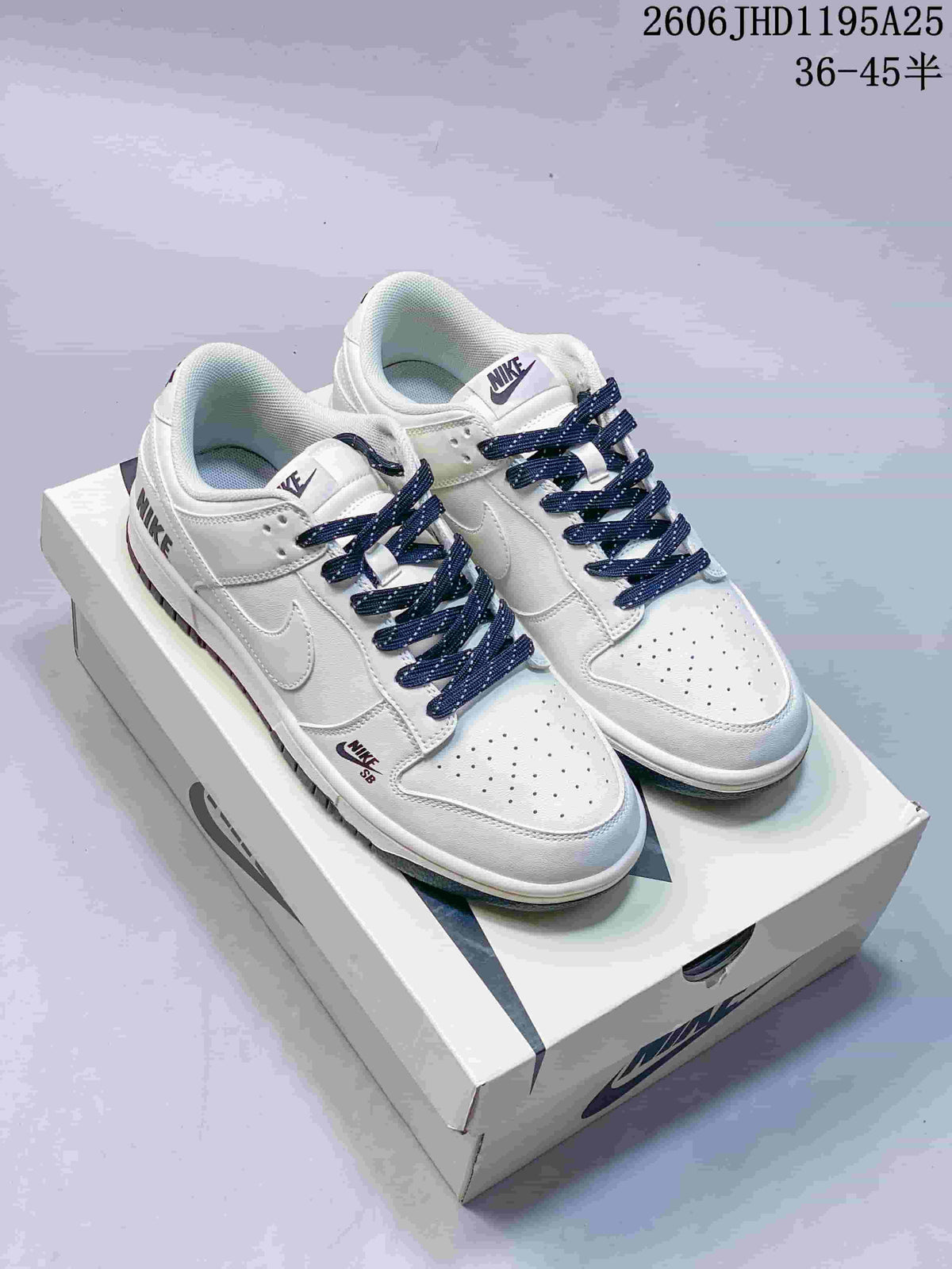 Nike Dunk Low White Sneakers with Navy Laces
