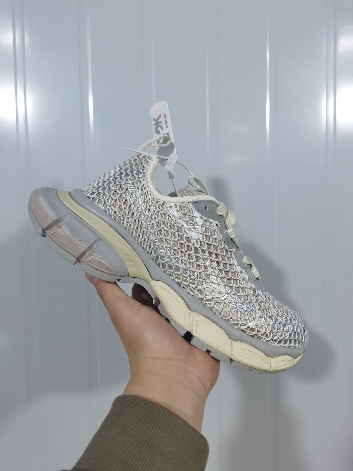 919135 Crystal Mesh Sneakers in Eggshell and Silver