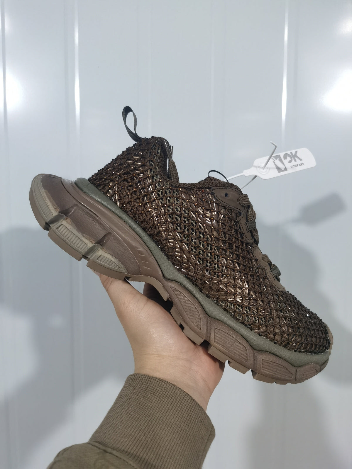 Brown Fishnet Chunky Sneakers with Rhinestone Detailing