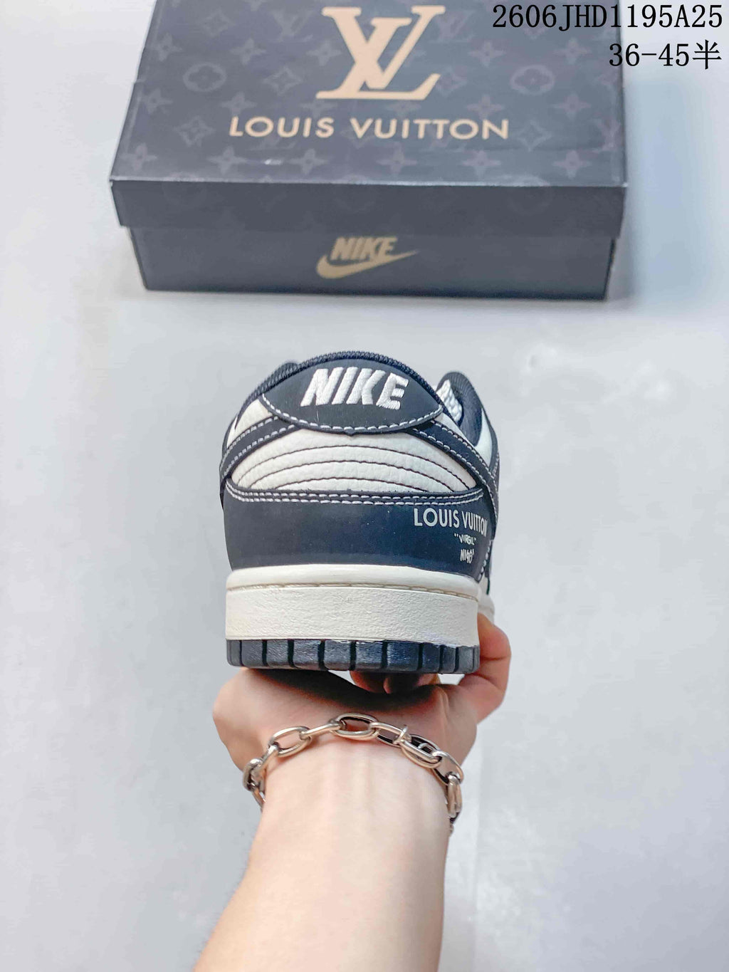 Nike Dunk Low Louis Vuitton Print-Panel Sneakers, Navy and White