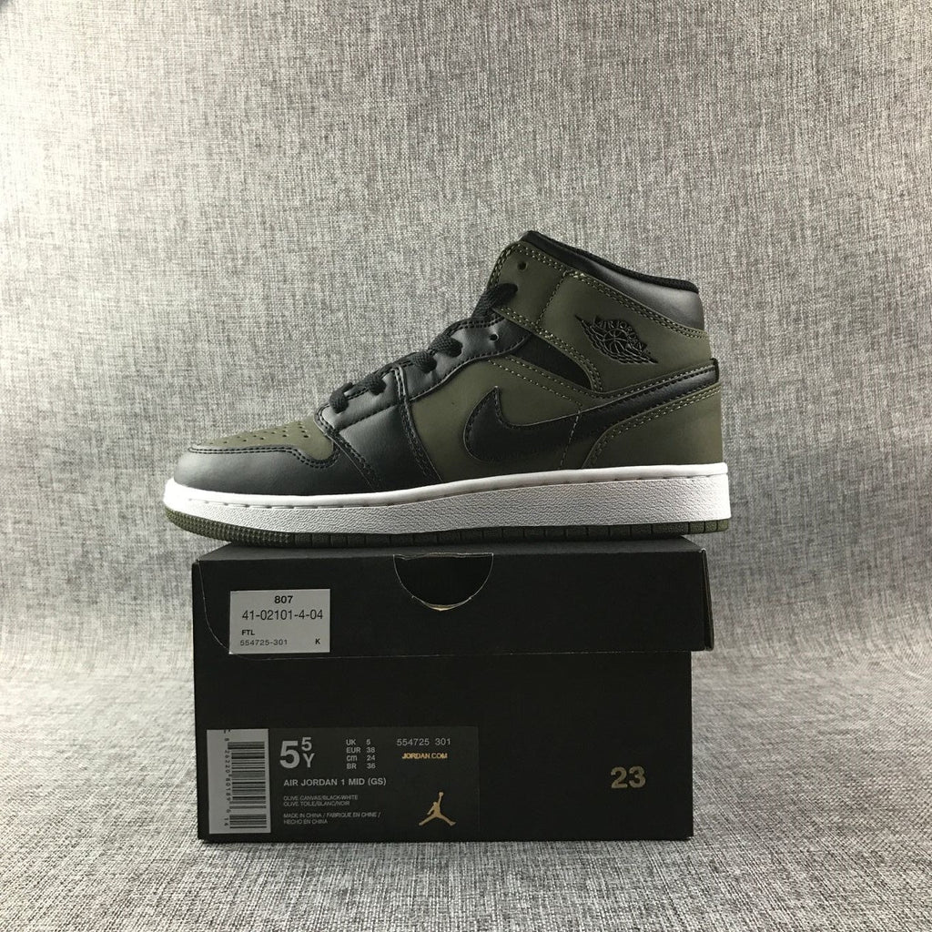 Jordan 1 Mid Sneakers in Black and Olive Green