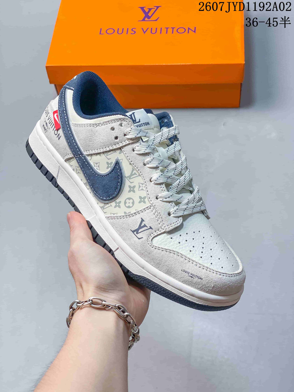 Nike SB Dunk Low LV Monogram Sneakers, White and Navy