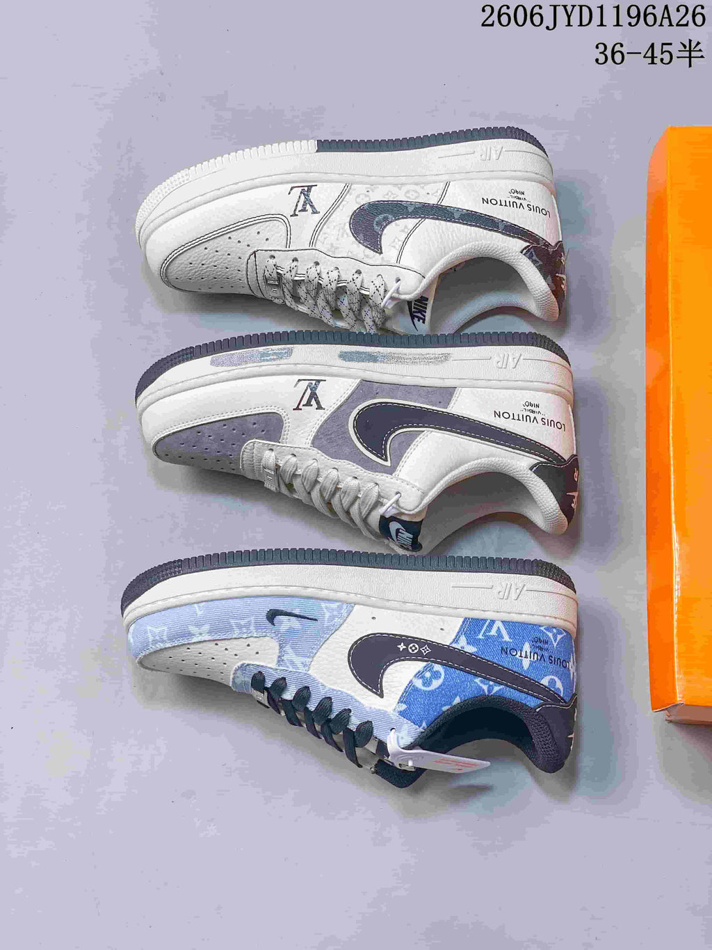 Nike Air Force 1 Low Louis Vuitton-Style Sneakers, Blue and White