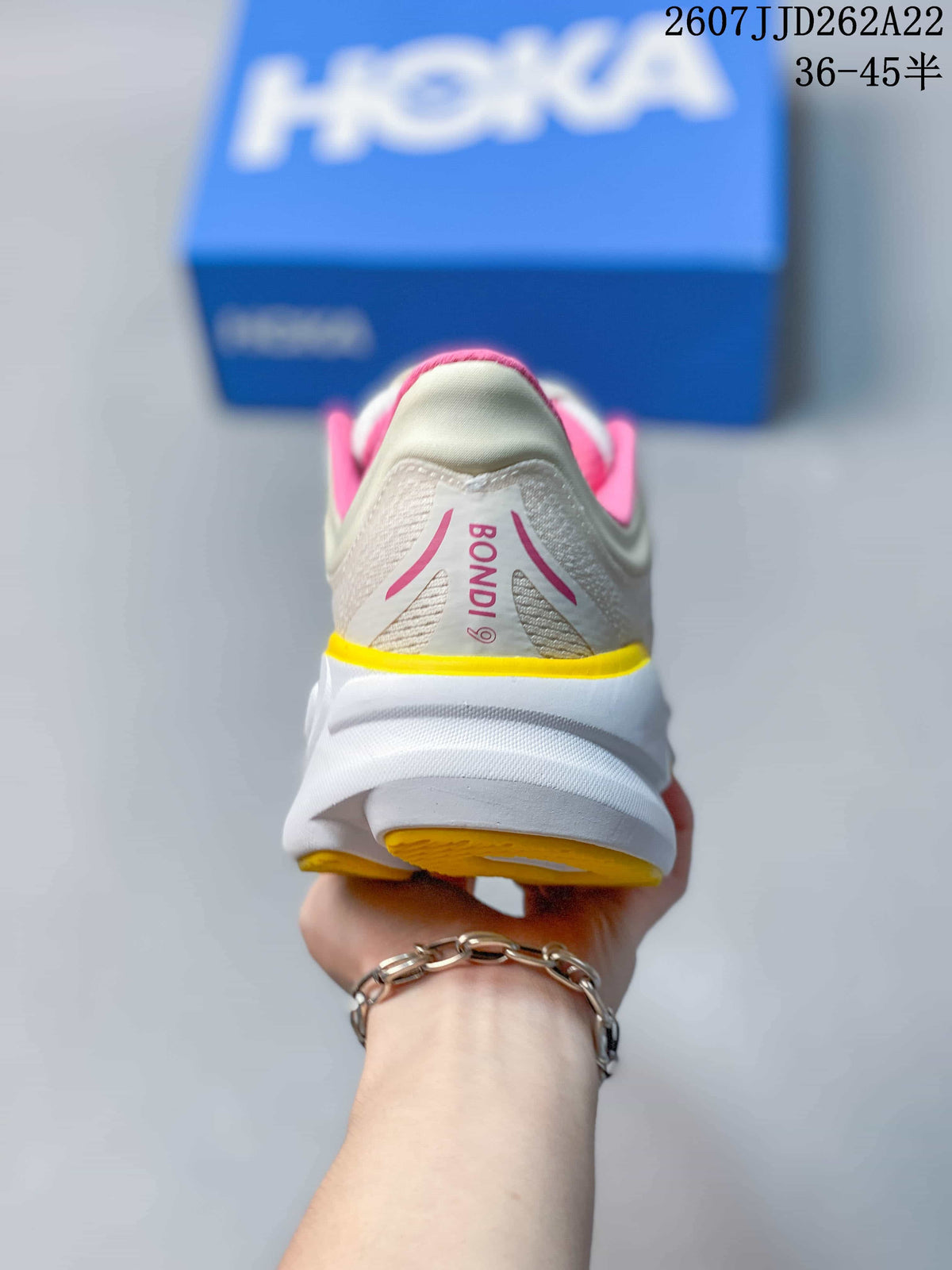 HOKA Bondi 9 White Pink Yellow Running Sneakers