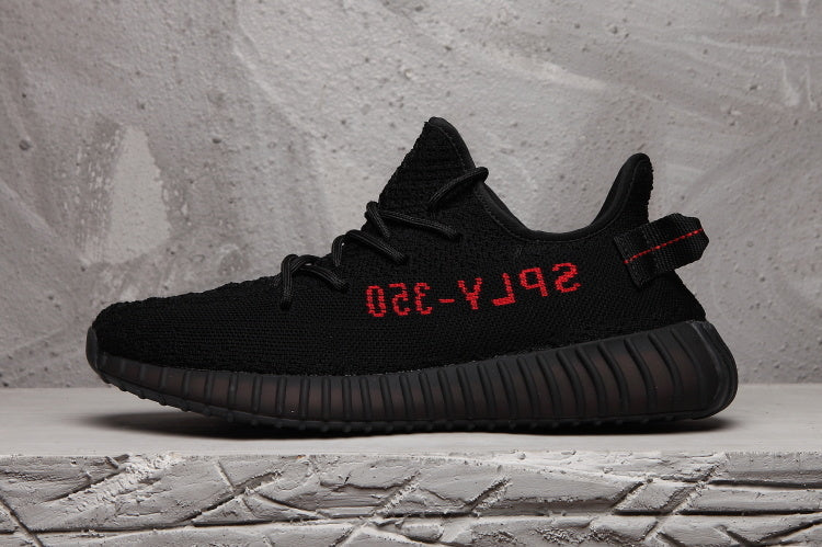 Yeezy Boost 350 V2 Black Knit Sneakers with Red Accents