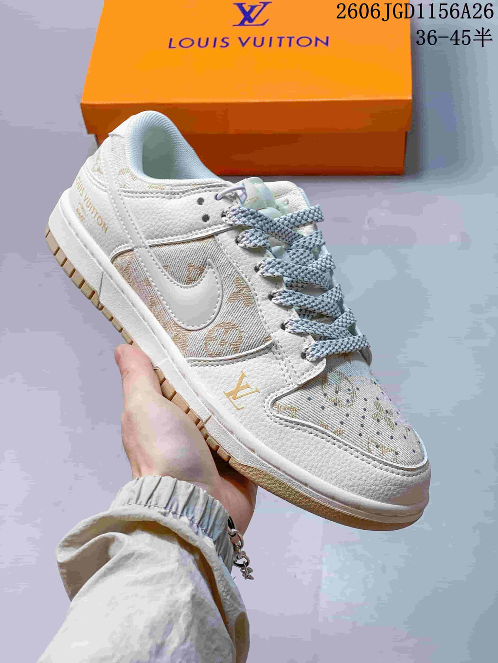 Nike Dunk Low Louis Vuitton Monogram-Style Sneakers, Ivory