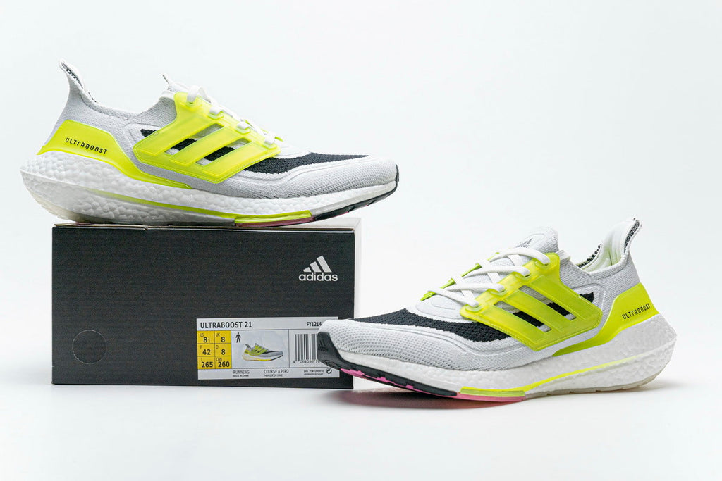adidas UltraBoost 21 Running Shoes, White and Volt FY1214