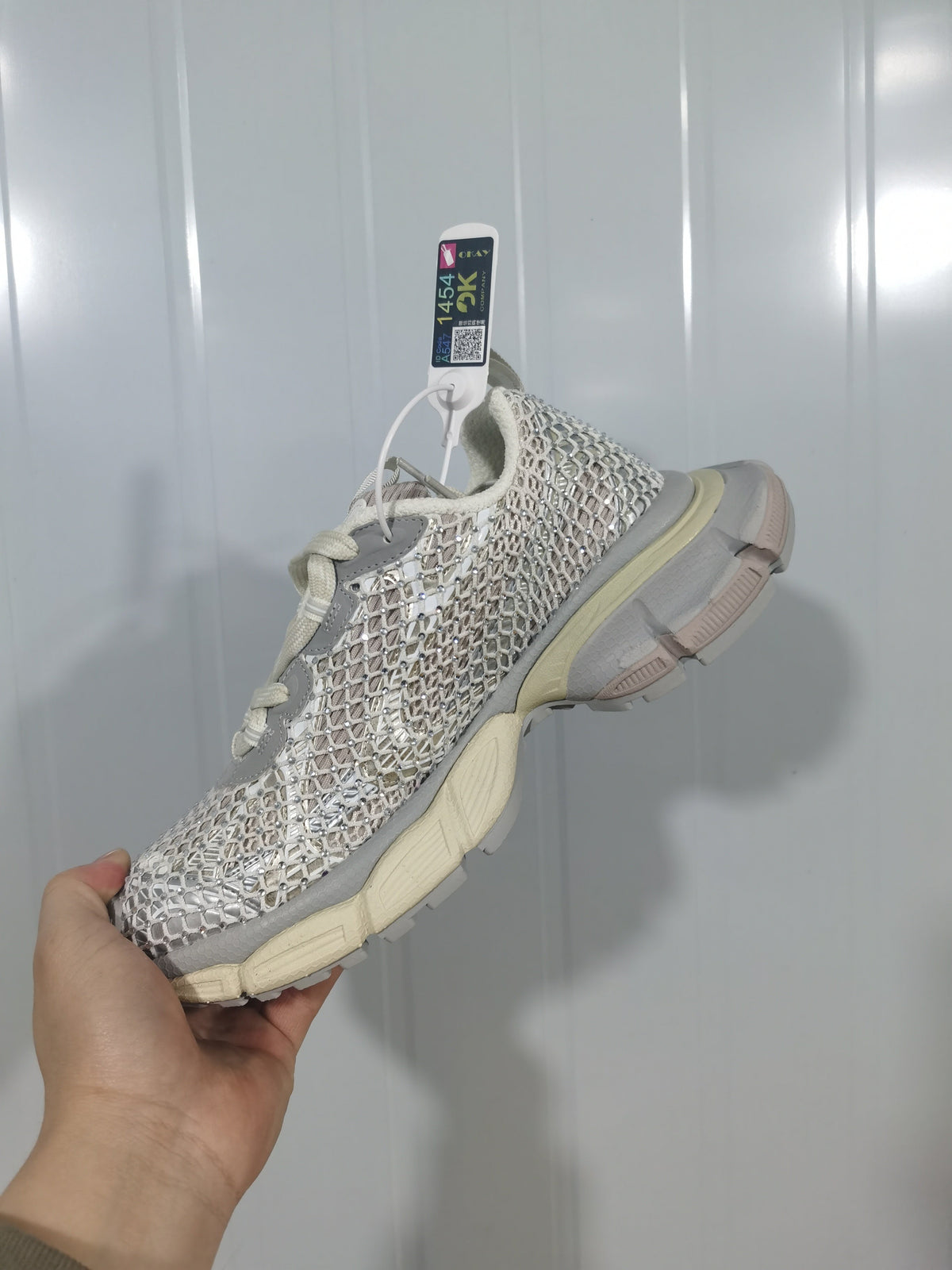 919135 Crystal Mesh Sneakers in Eggshell and Silver