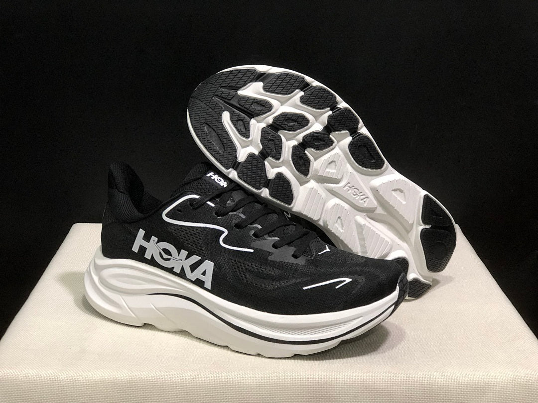HOKA Clifton 10 Black and White Running Shoes