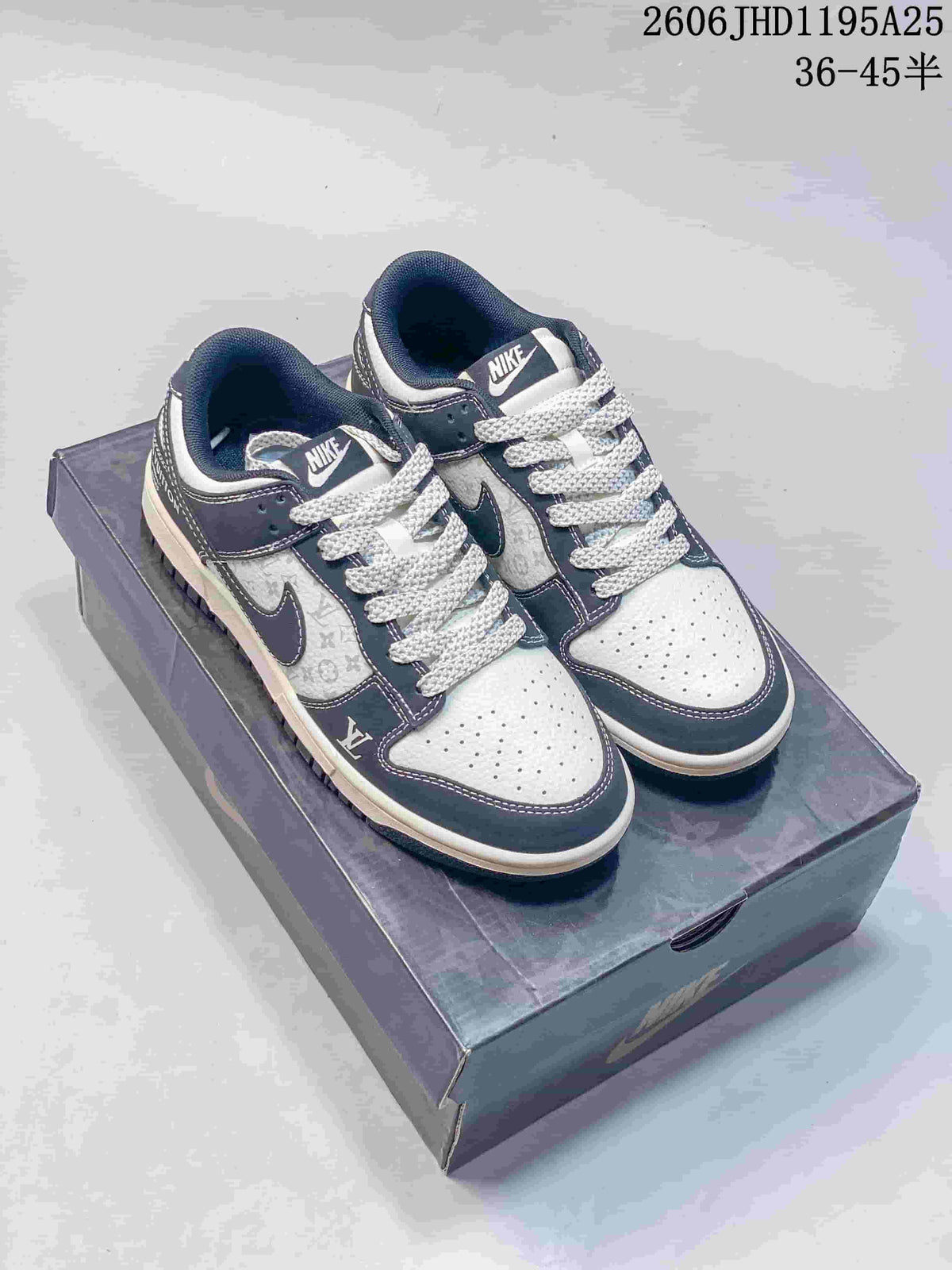 Nike Dunk Low Sneakers in White and Navy with Monogram Print
