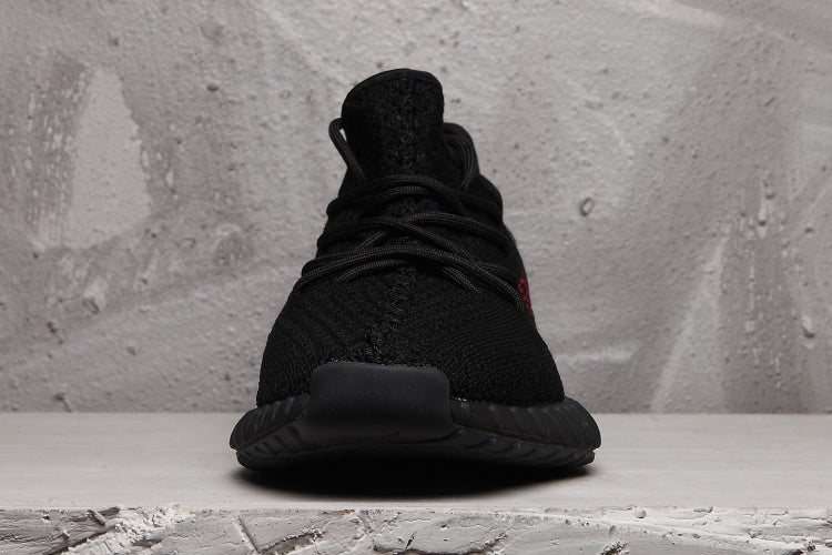 Yeezy Boost 350 V2 Black Knit Sneakers with Red Accents