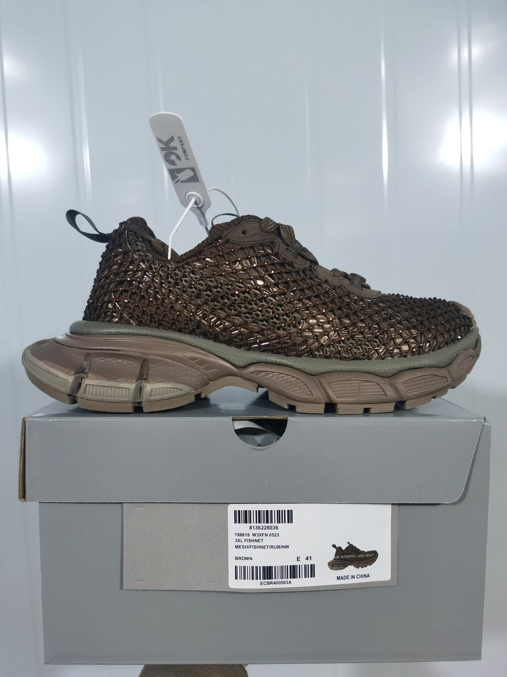 Brown Fishnet Chunky Sneakers with Rhinestone Detailing